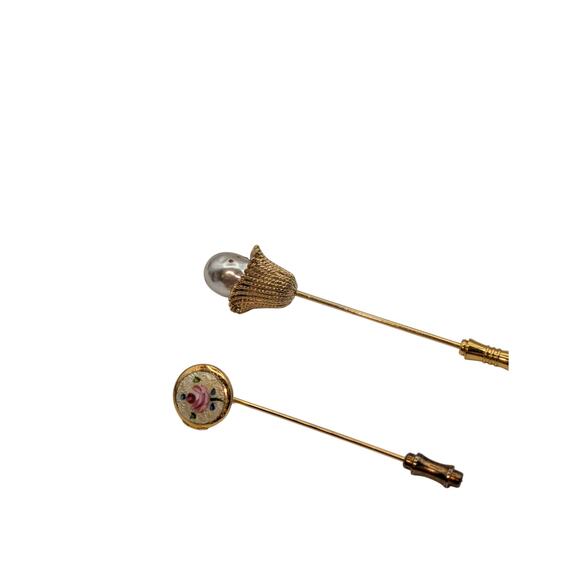 Lot of Two Vintage Gold Tone Stick Pins One Faux Pearl & One Enamel Rose Locket - Picture 8 of 8